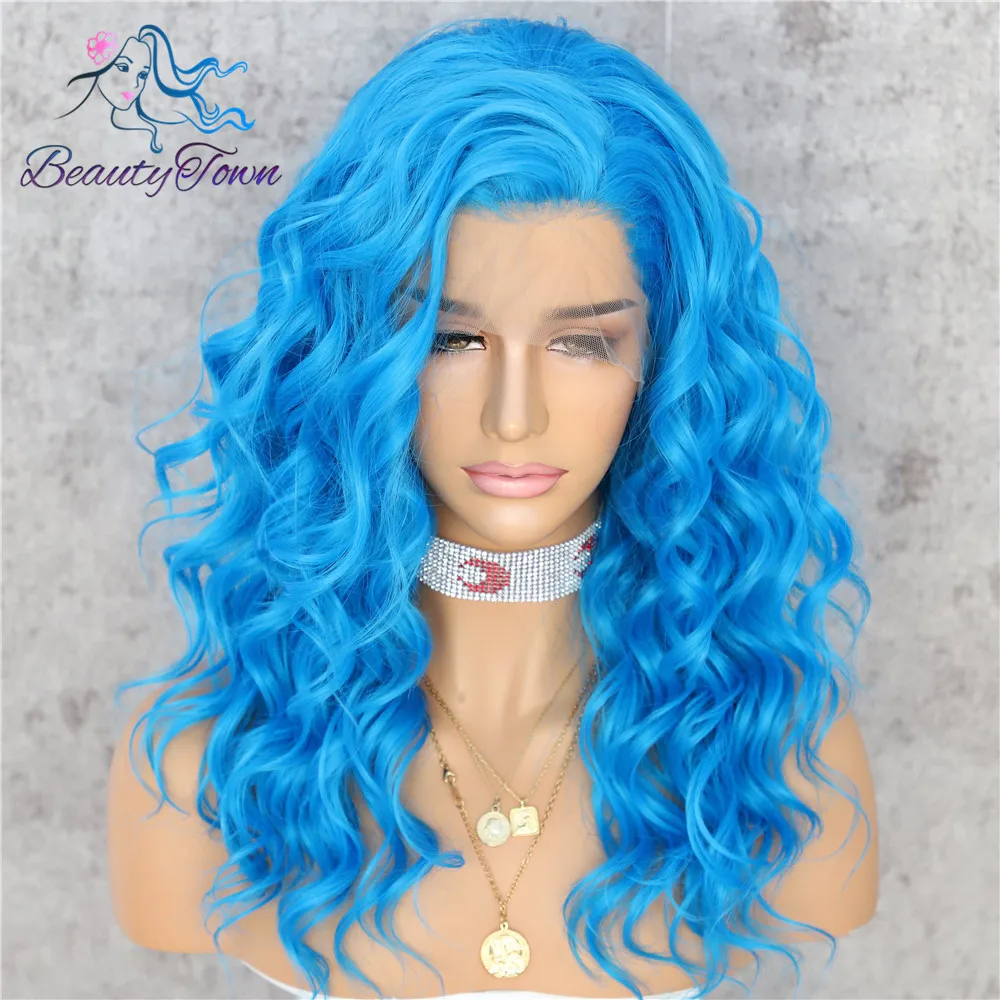 Short Wavy Synthetic Lace Front Wig Quality Blue 16'' Natural Pre-Plucked Hairline Heat Resistant Women's Wigs for Daily Makeup