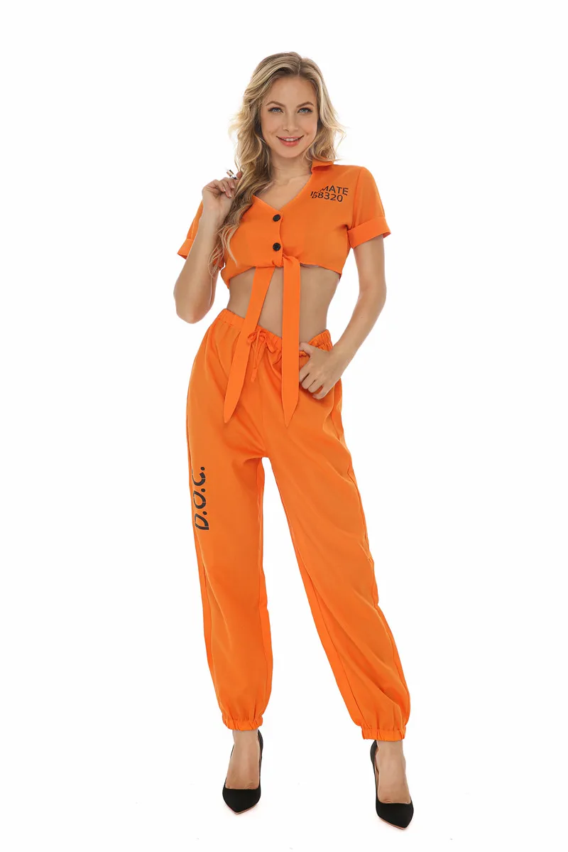 Orange Gefangene Cosplay Kostüm Outfits Split Set Für Erwachsene Weibliche Halloween Party Phantasie Kleid Hip Hop Dance Wear Bühne Kostüme