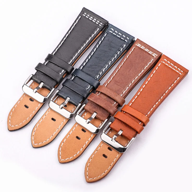 Genuine Leather Watchbands Belt 22mm 24mm Women Men Black Brown Blue Watch Band Strap With Stainless Steel Pin Buckle