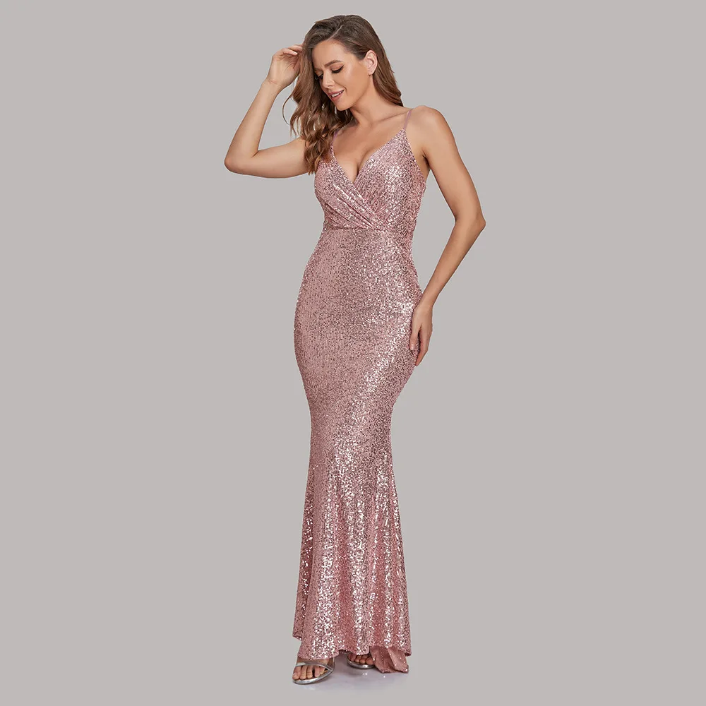 Glitter rosa lantejoulas vestido de noite 2022 sexy decote em v cintas de espaguete sereia vestidos de baile longo bling formal noite festa vestir robe