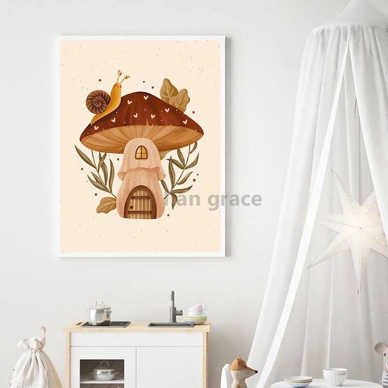 Cute Mushroom Poster Nursery Wall Art Prints , Autumn Forest Botanical Mushroom Canvas Painting Wall Pictures Kids Room Decor