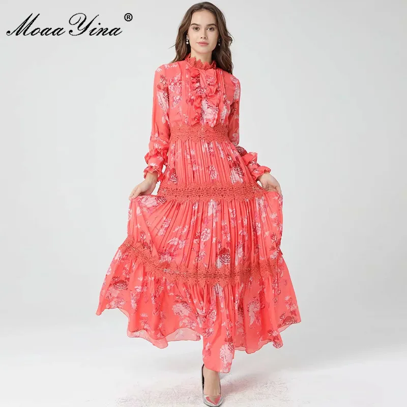 MoaaYina 2021 Spring Runway Elegant Party Dress Women Lace Patchwork Full Sleeve Vintage Floral Print Long Holiday Dress