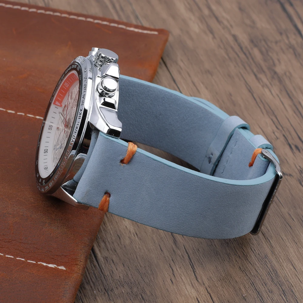 Vintage Nubuck Genuine Leather Watch Band 18mm 20mm 22mm 24mm Blue Handmade Stitching Wristband Replacement Watch Strap