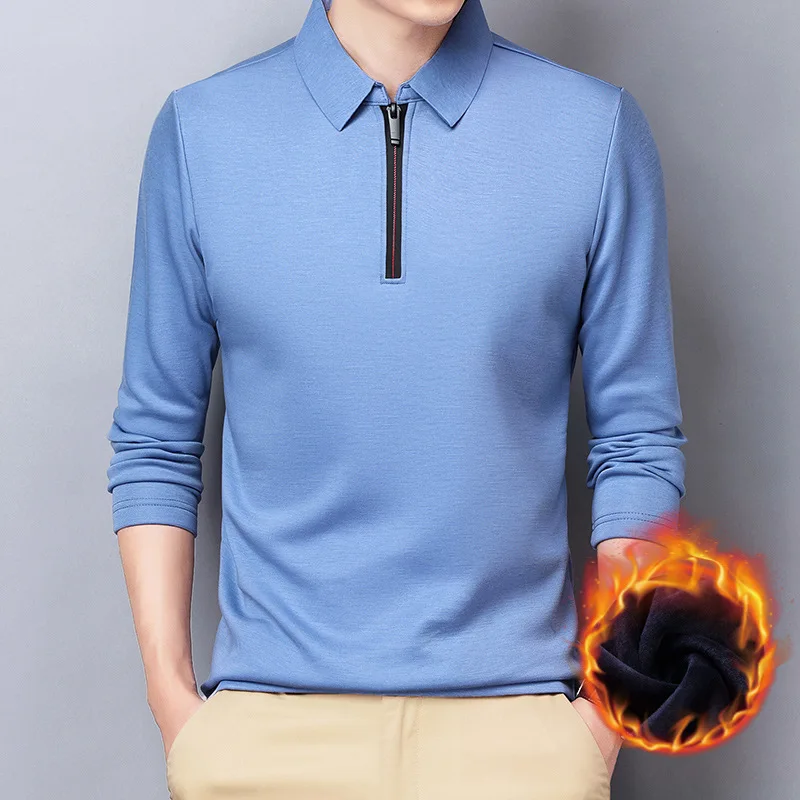 Thick long sleeve men's Polo, zipper collar polo, warm velvet, smooth color, blue and black, cotton XXXXL, winter