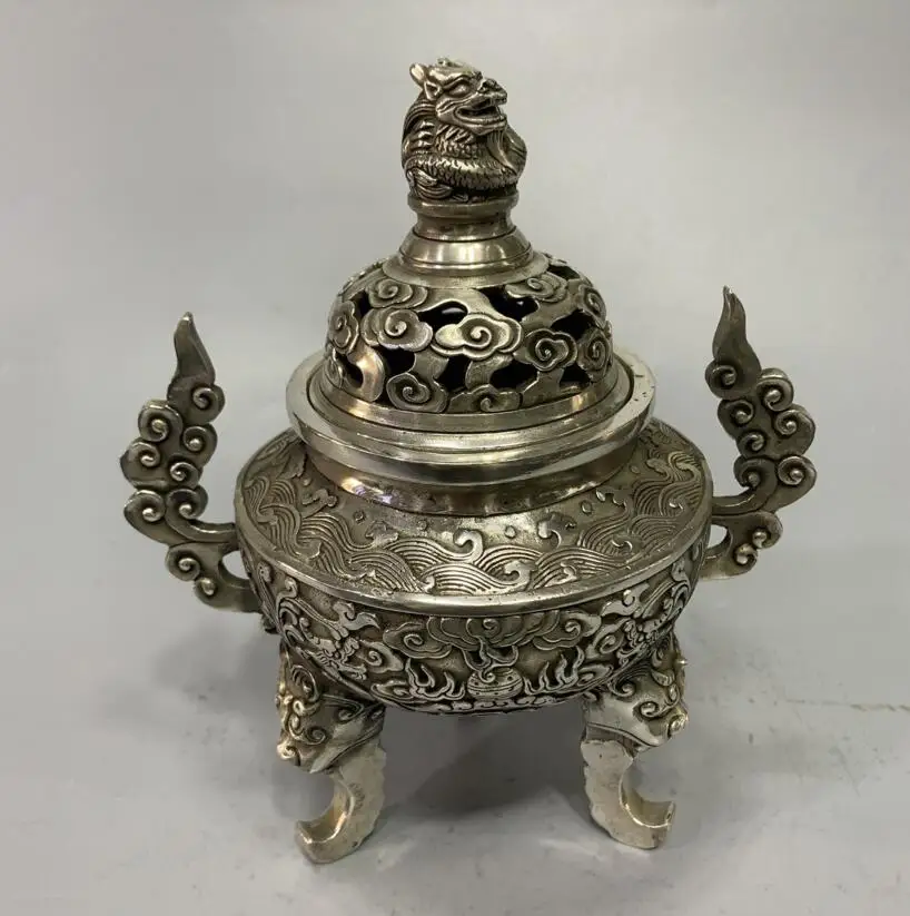 

Archaize White copper Auspicious clouds dragon Incense burner household decoration crafts statue