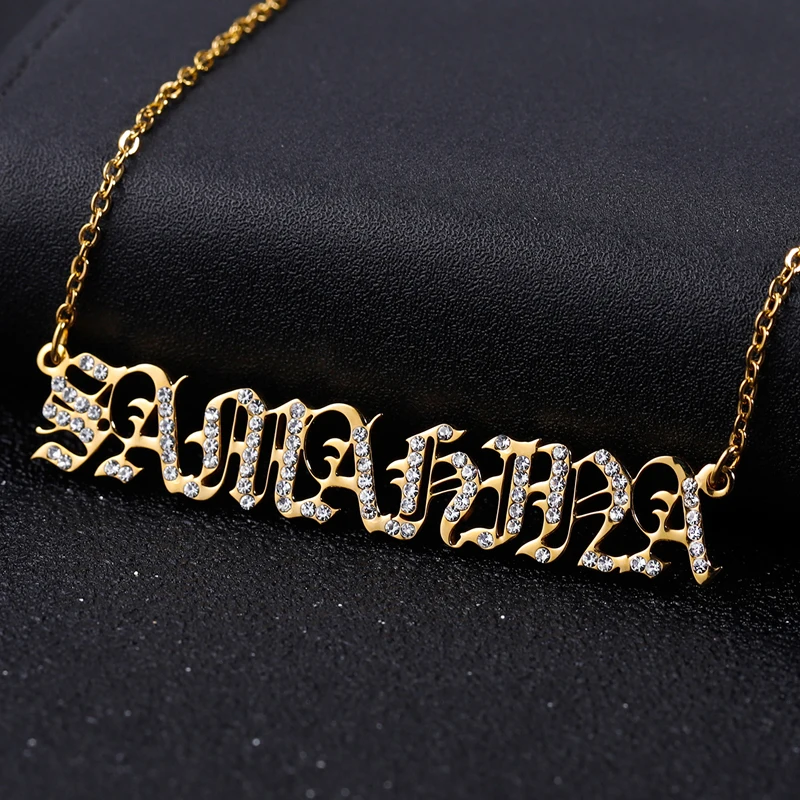 Personalized iced out Name Necklace Custom Old English Font Pendants For Women Stainless Steel Chokers Jewelry For Women Men
