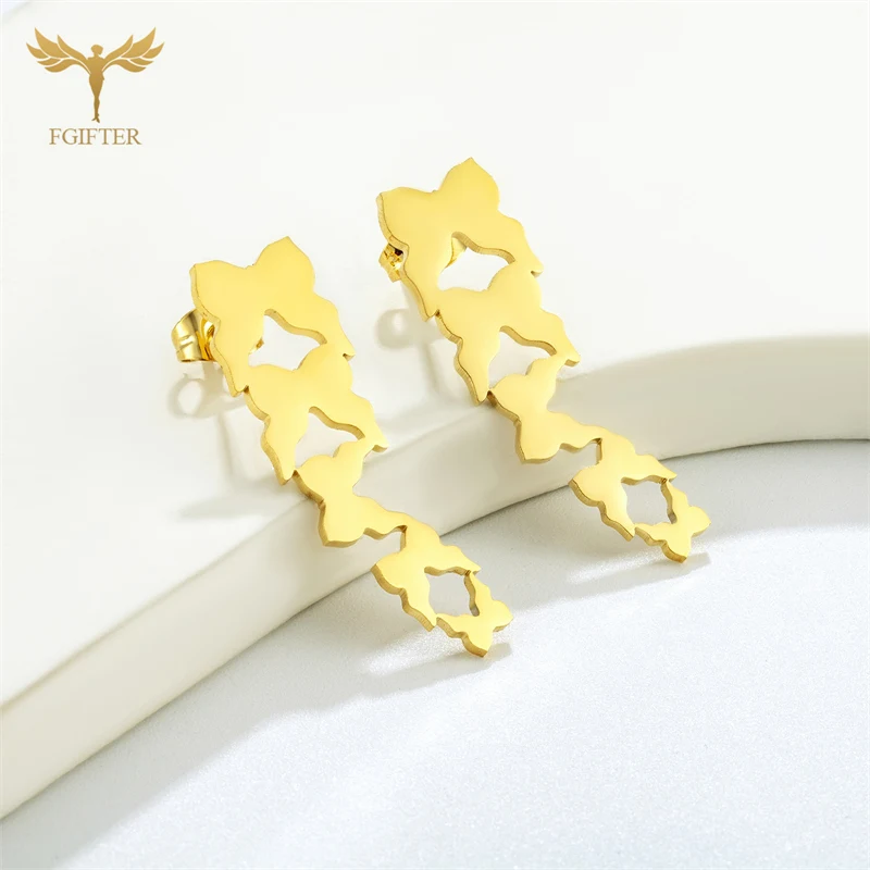 1 PC Fashion Long Stud Earrings For Women 5 Heart Flower Butterfly Design Gold Color Stainless Steel Jewelry Ear Accessories