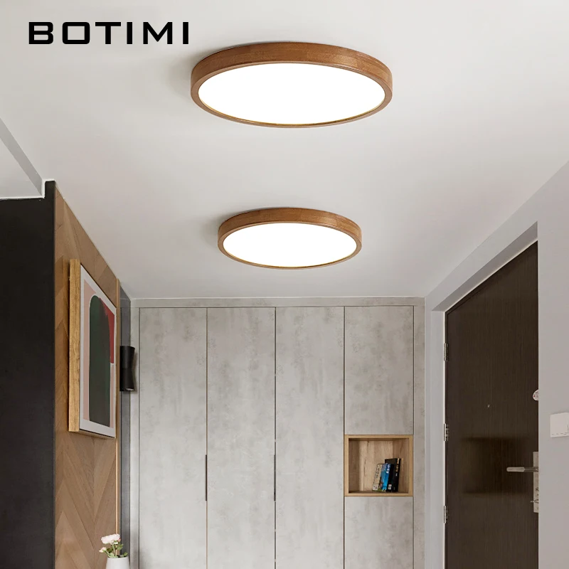 BOTIMI Japanese Natural Wood Ceiling Lights For Corridor Round Wooden Surface Mounted Bedroom Lighting Modern Store room Lamp