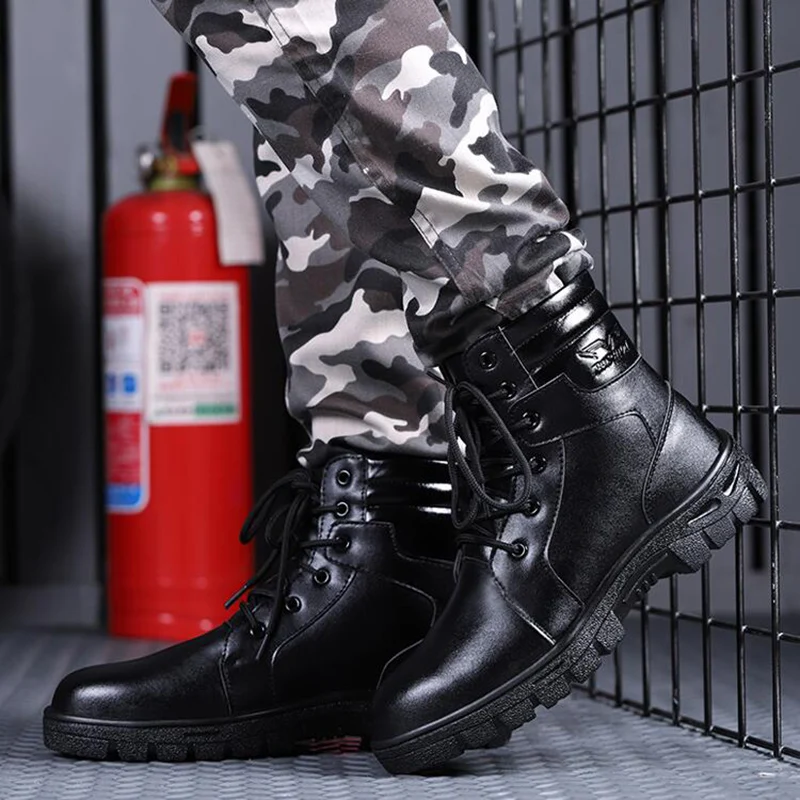 high-grade mens fashion worker safety boots genuine leather steel toe caps shoes working boot black platform security ankle bota