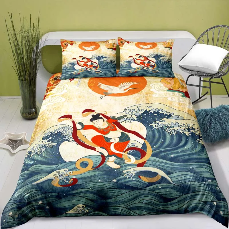 100% Polyester Dunhuang Illustration Style Digital Printing Cover Set with Pillowcase Bed Sets for Girl Comforter Bedding Sets