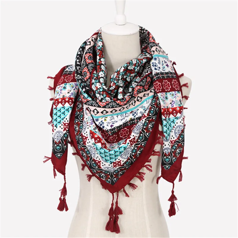 110*110cm Bohe Style Cotton Printed Square Scarf for Women Russian National Scarves Ethnic Fringed Shawl Lady Winter Blanket