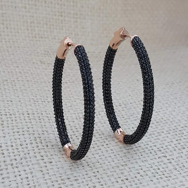 Black Hoop Earrings Rose Gold Earrings 925 Silver Huge Luxury Earrings Earrings for Women серьги женские