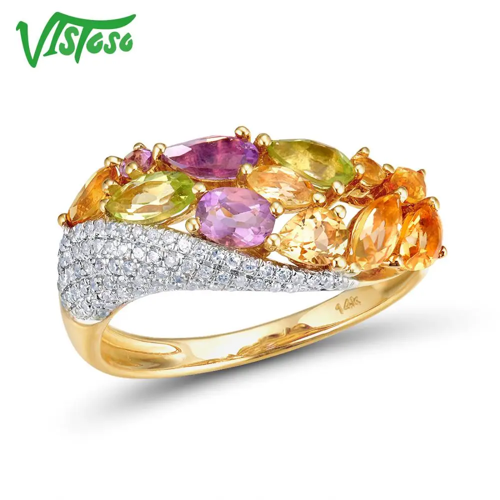 

VISTOSO Genuine 14K 585 Yellow Gold Sparkling Diamond Fancy Citrine Amethyst Peridot Lady Ring Anniversary Chic Fine Jewelry