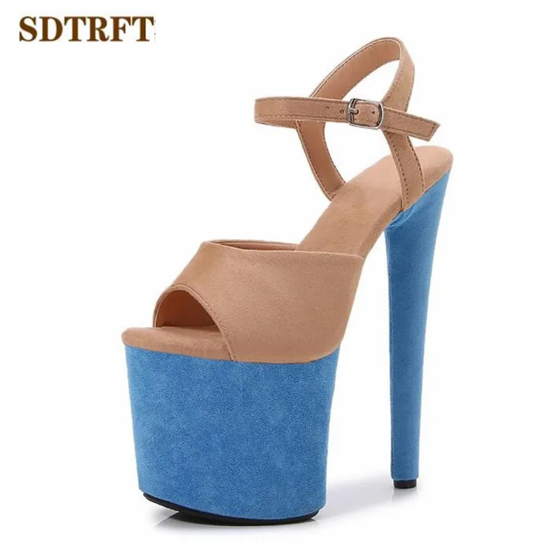 SDTRFT Multicolor Fashion Shoes Woman Platforms Pumps Open Toe 20cm Ultra Thin High Heels Platform Flock Color matching Sandals