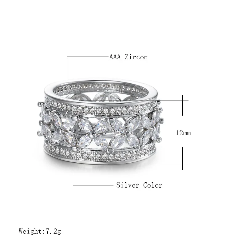 Ekopdee New Vintage Luxury Princess Flower Crystal Zirconia Wide Gold Rings For Women Fashion Female Party Jewelry