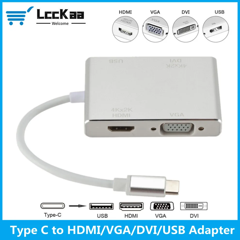 4 in 1 4k USB 3.1 USB C Type C to VGA DVI USB 3.0 HDMI-Compatible Adapter Cable For Laptop ProjectorProjector USB C HUB Splitter