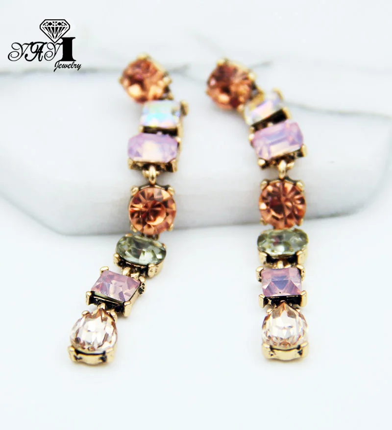 YaYi Jewelry Fashion Colorfull Glass Crystal Rhinestone Dangle Women Ancient Gold Color Wear Ear Band Long Tassel Earrings