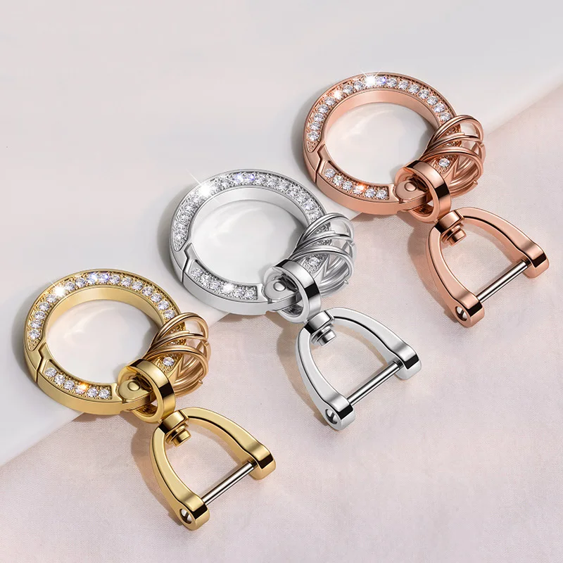 Fashion Women 360 Degree Rotation Keychain High Quality Spring Keyfob Stirrup Keyring Inlay Rhinestone Metal Connecting Buckle