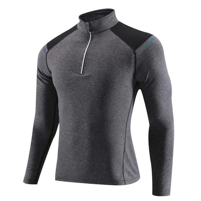 Long Shirts Men Sports Zipper Fitness Traning Quick Drying Clothes Stand Collar Slim Top Workout Running Tee