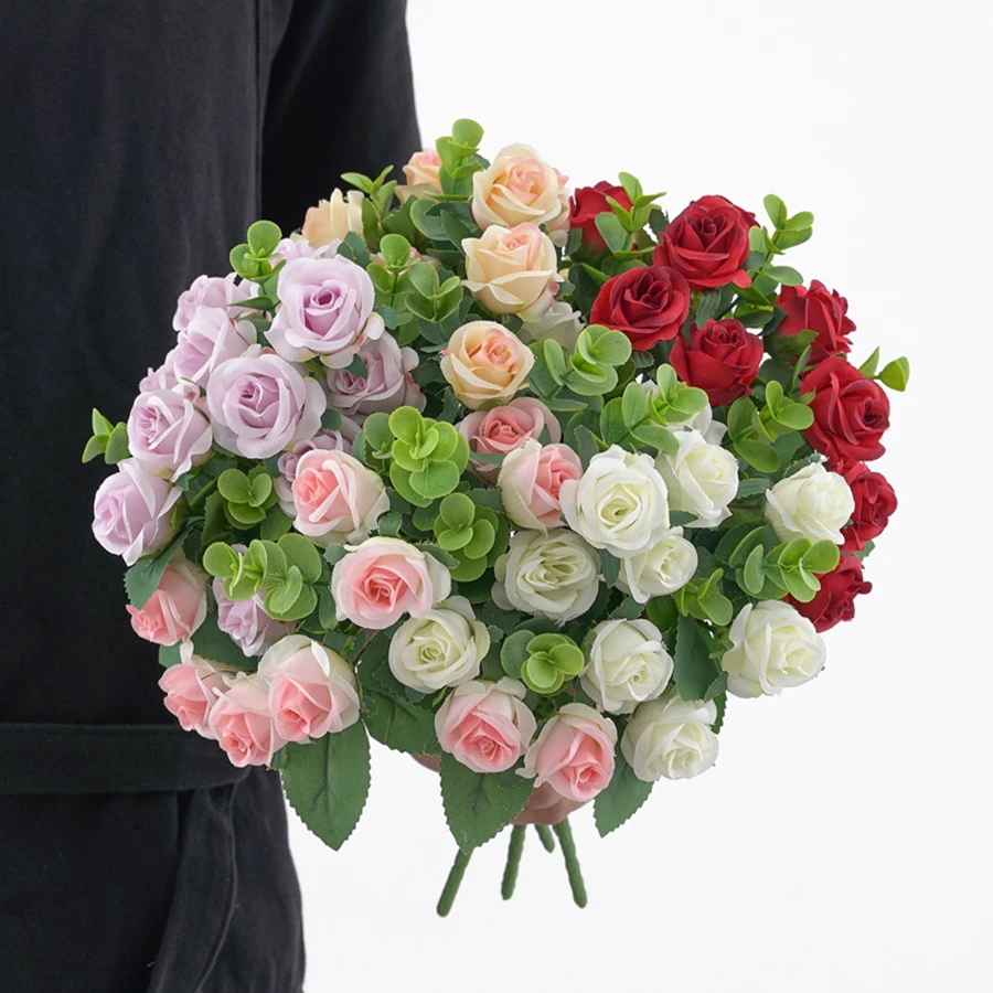 1/3pcs Artificial Flowers Vase Home RoomDecor Outdoor Yard Garden Eucalyptus Leaves Fake Plants Wedding Party Silk Roses Bouquet