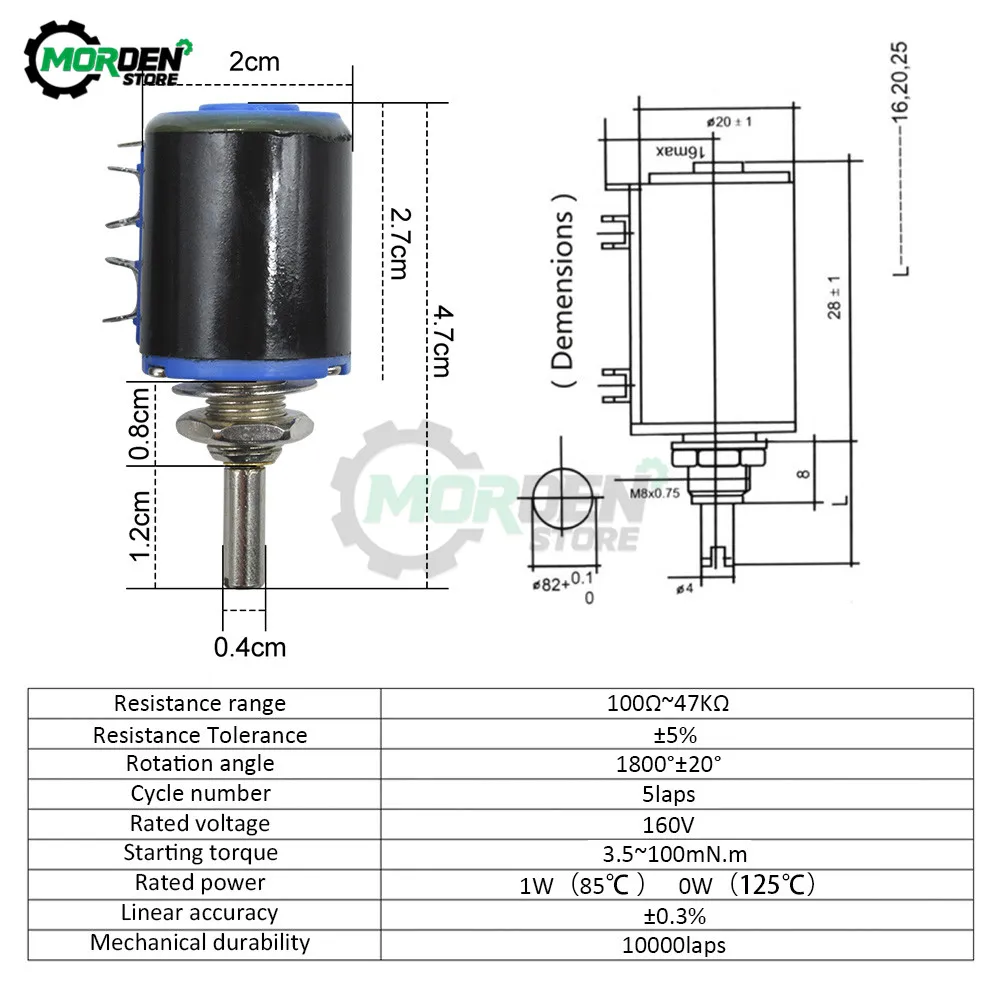 دروبشيب WXD3-13-2W Wirewound الجهد المقاومة 100R 470R 1K 4.7K 6.8K 10K 22K 47K 100K أوم الخطي الروتاري الجهد