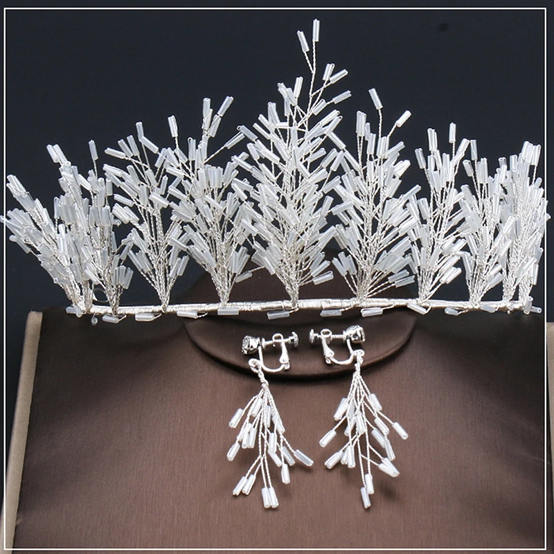 

Personality Jewelry Set Wedding Crown And Earrings Unique Beaded Crown New Fairy Bridal Headdress Handmade Wedding Decoration