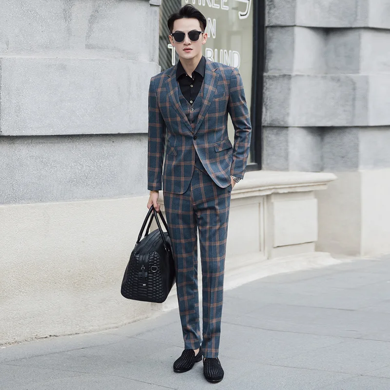 New Plaid Trendy Men Suits 3 Pieces Single Breasted England Style High Quality Slim Fit Formal Business Wedding Causal Prom