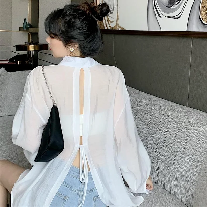 Shirt Women Solid Summer Hot Sheer Bandage Sun-proof Chic BF Style Sexy Ladies Tops Popular Leisure Daily Outwear Ins Harajuku