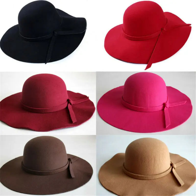 Wide Large Brim Wool Felt Cap Summer Beach Women GIrl Lady Travel Floppy Beach Sun Hat Foldable Black Red Camel