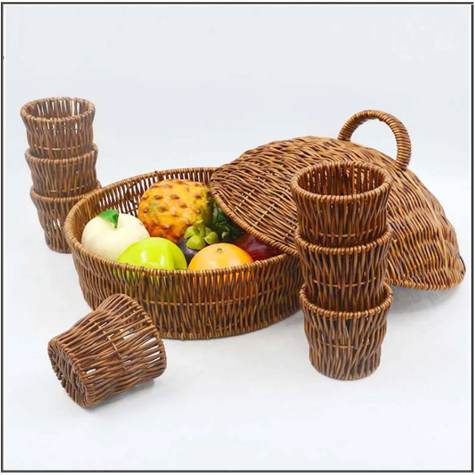 Circular Rattan Woven Storage Basket with Cover, Built-in Lattice, Rectangular Dessert Basket, Hotel Home Storage Frame