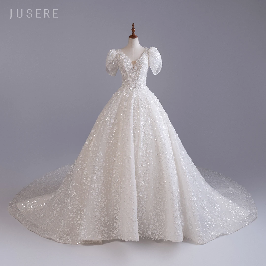 Jusere V-neck  ball gown  bridal dress wedding dress bridal gown puffy sleeves flower dress cathedral train