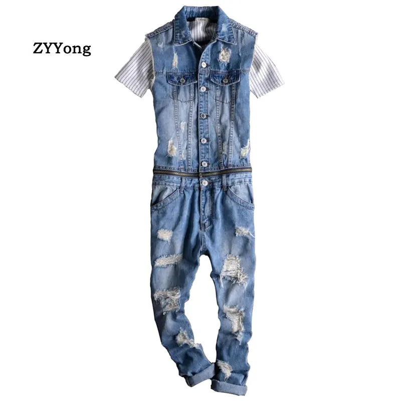 Summer Sleeveless Lapel Overalls Men's Denim Jumpsuit Hole Hip-Hop Ripped Waist Detachable Jeans Casual Blue Pants Trousers