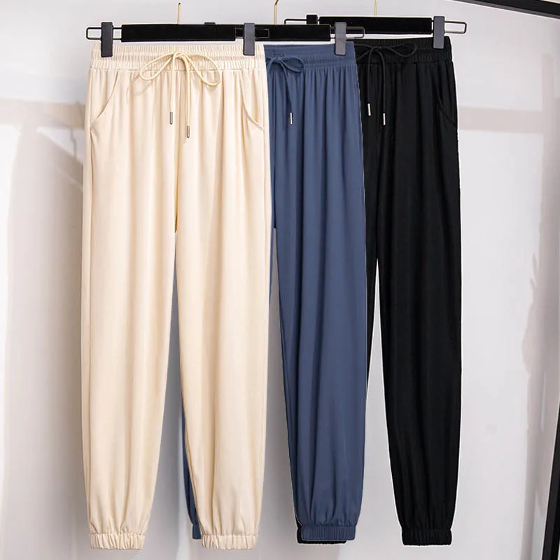 

150Kg Plus Size Women's High-Waisted Trousers Hip 150 6XL 7XL 8XL 9XL Loose Nine-Point Ice Silk Trousers Black Blue Apricot