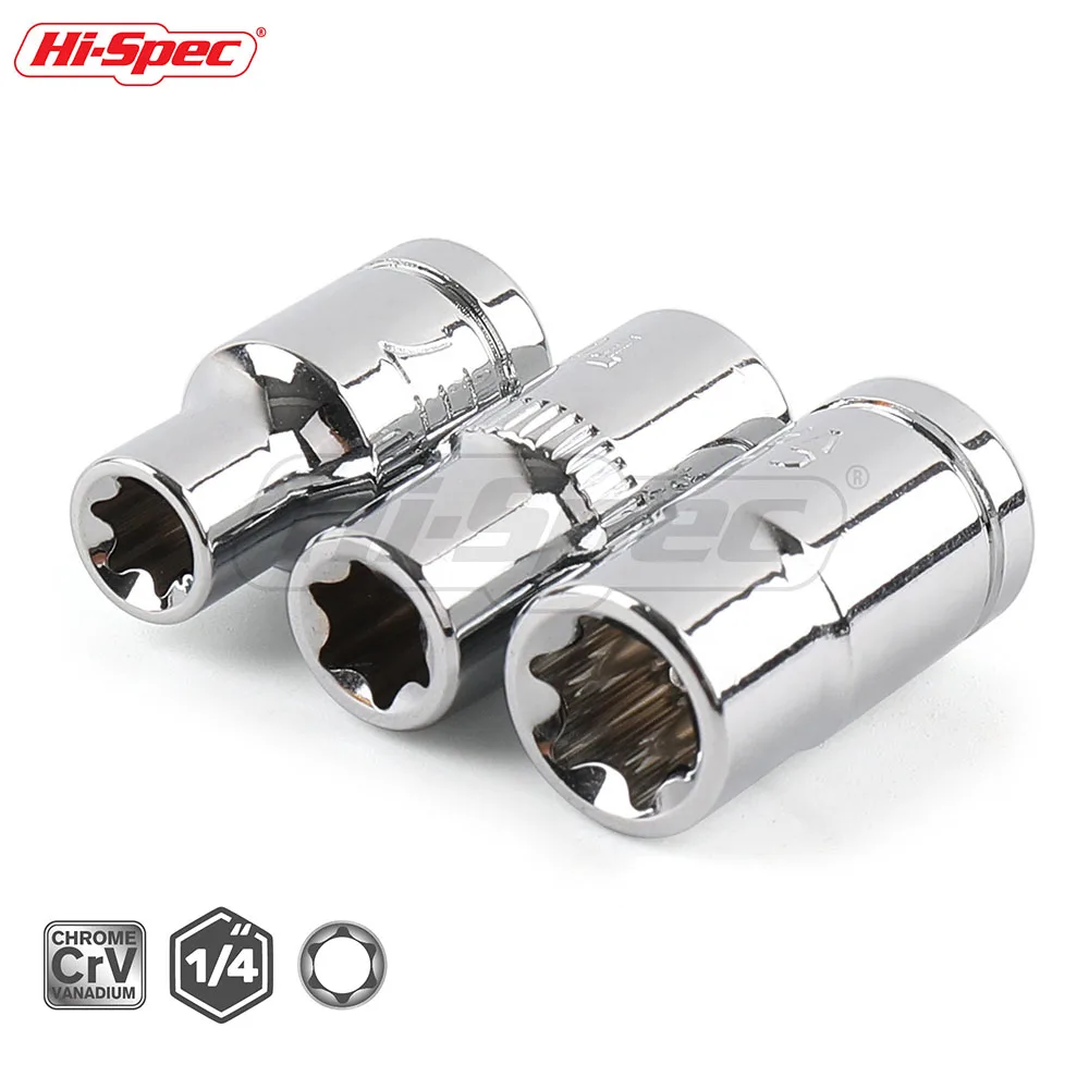 Hi-Spec 6pc 1/4 Inch(6.3mm) External Star Torx Socket Set Torx Star Bit E4 E5 E6 E7 E8 E Socket Set Auto Repair Hand Tools Set