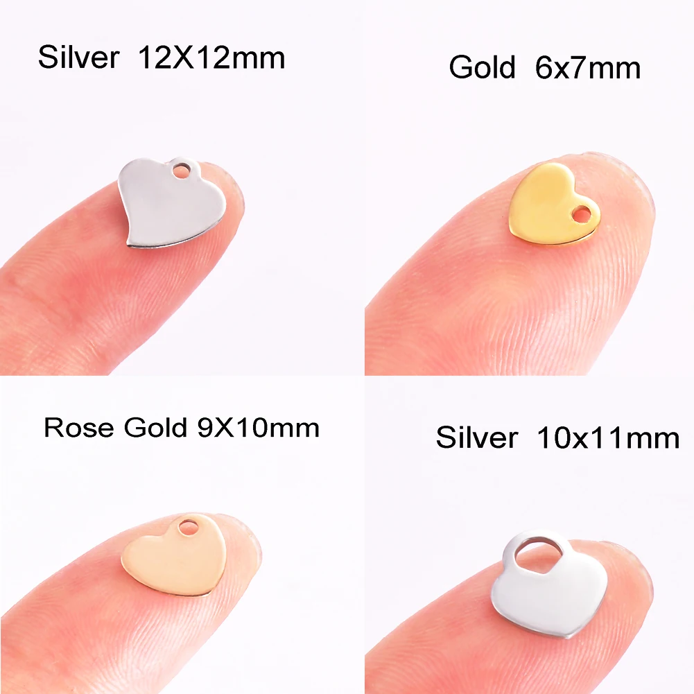 50pcs Stainless Steel  Silver & Gold &Rose Gold Tone Blank Stamping Tags Necklace Logo Heart Tag for Logos Not Turn Off Color