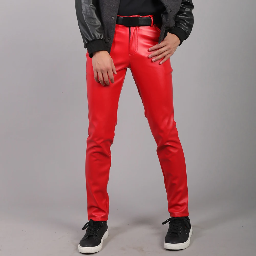 Thoshine Brand Spring Autumn Men Leather Pants Slim Fit Elastic Style Male Fashion PU Leather Trousers Punk Cosplay Dance Pants