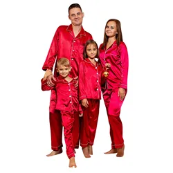 2PCS Christmas Satin Pajamas PJ's Solid Family Matching Xmas Winter Long Sleeve Sleepwear Pants Set For Kid Boys Girls Woman Man