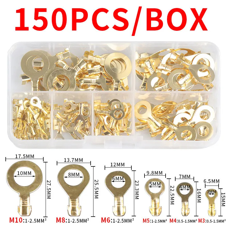 150PCS M3/M4/M5/M6/M8/M10 Ring Lugs Eyes Copper Crimp Terminals Connector cable Lug Copper Tab Wiring Nose Combination set Diy