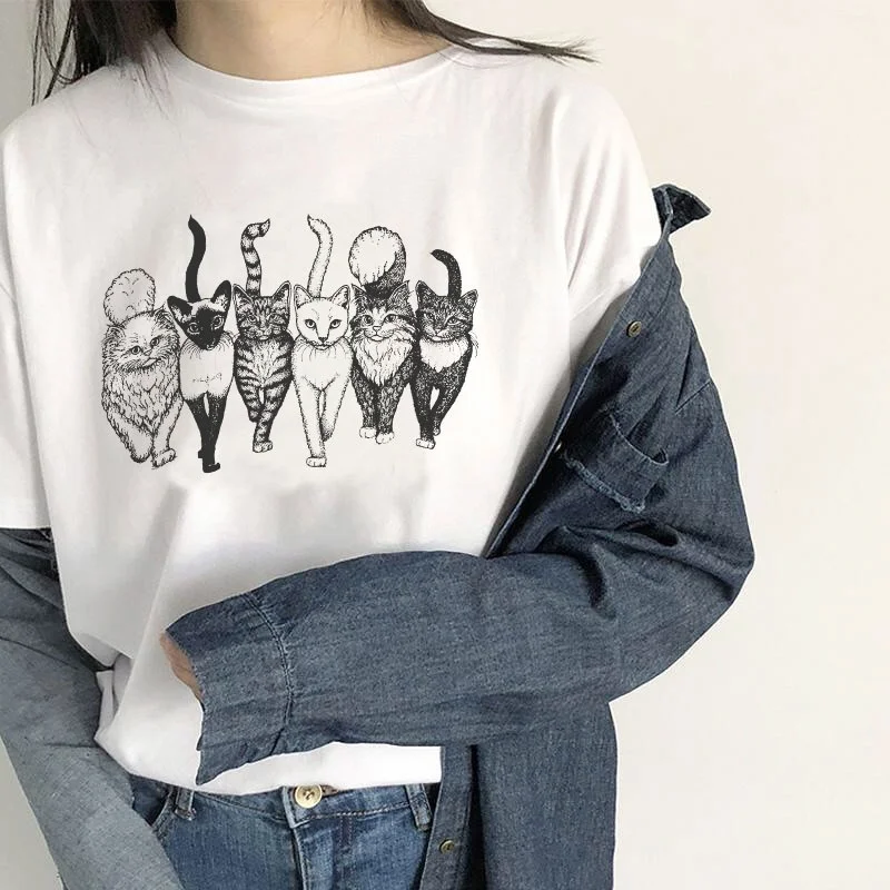 Cat Gang Drawing Women T-Shirt Vintage Fashion Cute Aesthetic Funny Tshirt Female Summer Casual Cotton Graphic Tee Top