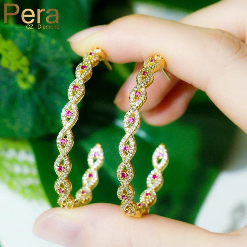 

Pera Glitter Large Circle Round Hot Pink Red Cubic Zirconia Stone Yellow Gold Color Hoop Earring Women 2023 Fashion Jewelry E509