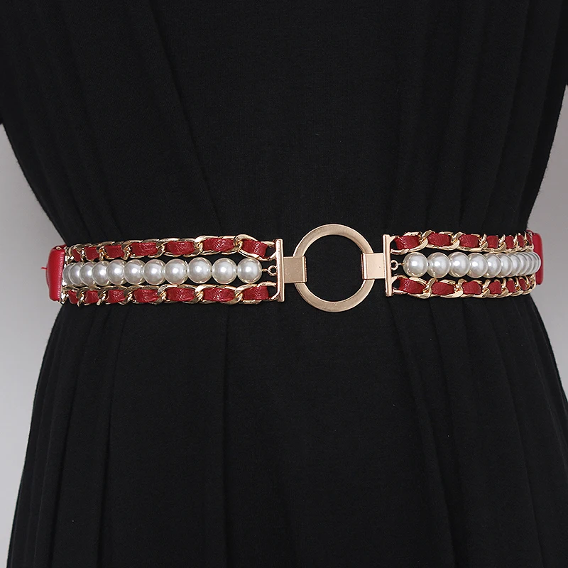 المرأة المدرج موضة اللؤلؤ مطرز بولي Leather الجلود سلسلة فستان Cummerbunds الكورسيهات حزام أحزمة الديكور حزام TB751