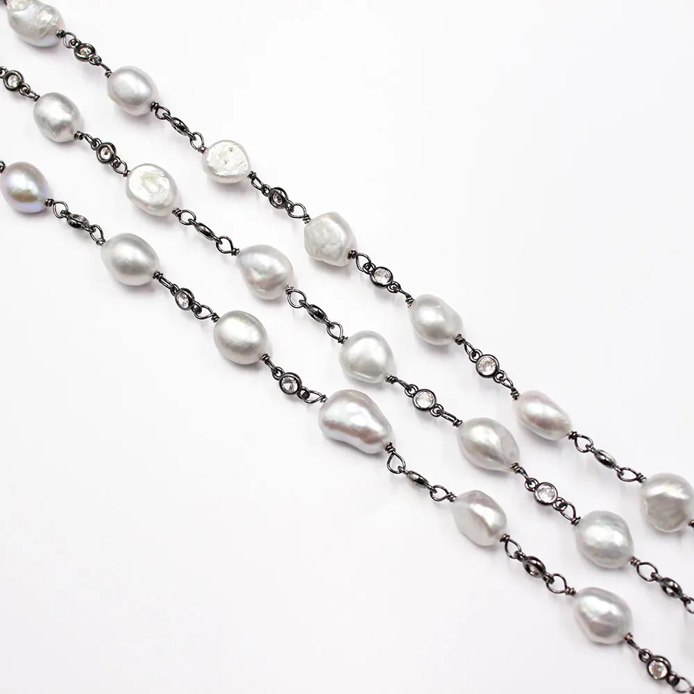 APDGG  1 Meter 11mm Gray Keshi Pearl CZ Gunmetal color Copper Fashion Bezel Set Chain Paperclip Neck Chain Pearl Necklace Making