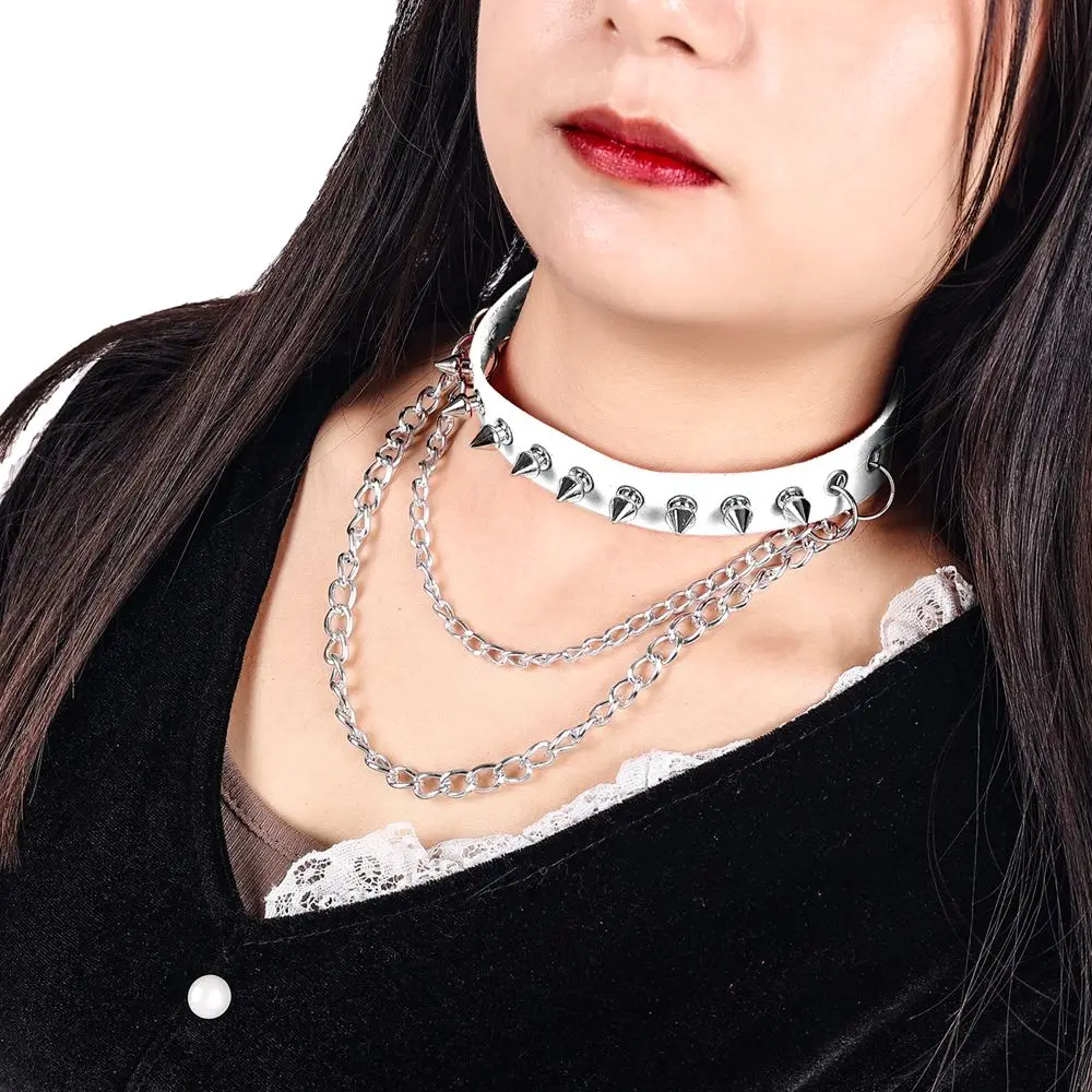 

White Collar Necklace Punk Rivet Metal Chain Accessories Wire Harness Female Leather Wrapped Neck Pole Dance Costume Decoration