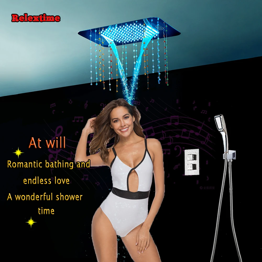 

luxury Rain Shower Set Remote Control LED Recessed Bluetooth Ceiling Mount Shower Head Concealed Thermostatic Shower Set Faucets