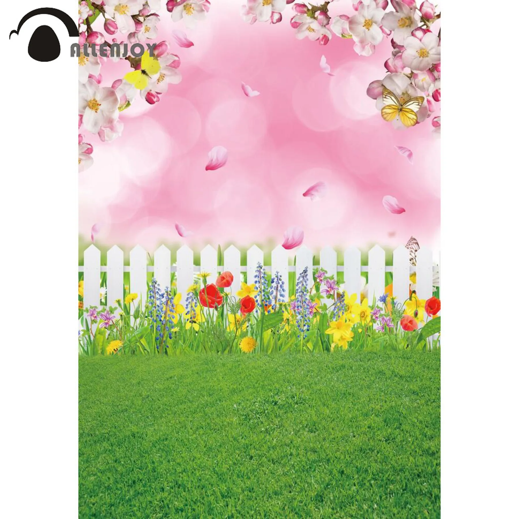 

Allenjoy Spring Photography Background Pink Flowers Bokeh Pastel Butterfly Photocall Easter Green Grass Child Portrait Backdrop