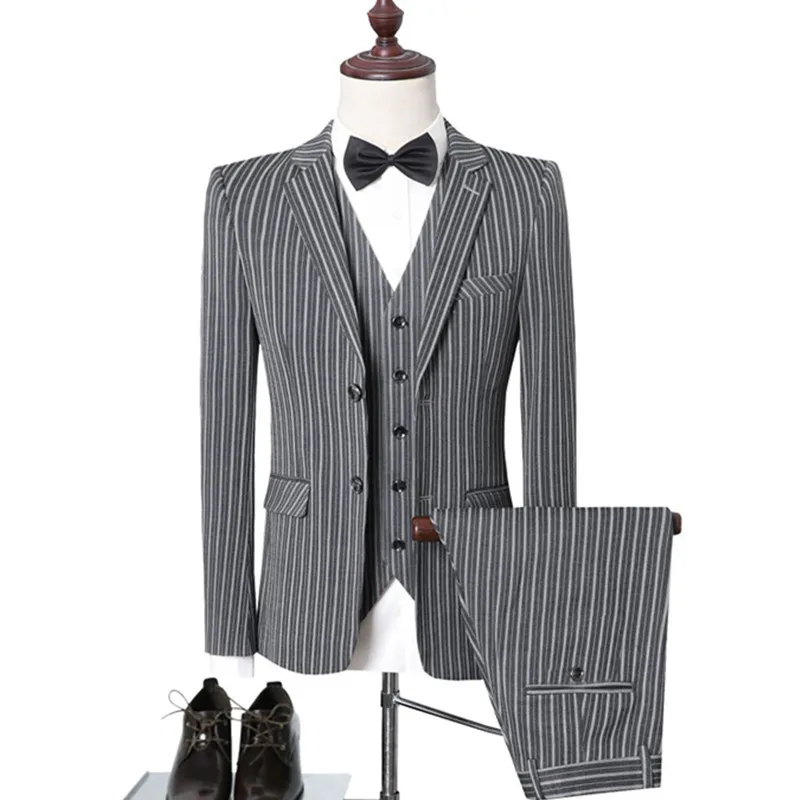 

Autumn Pop Men's Slim British Wedding Vertical Stripes Dress Blazer / Male Three Piece Suit Coat Vest Pants Trousers Waistcoat