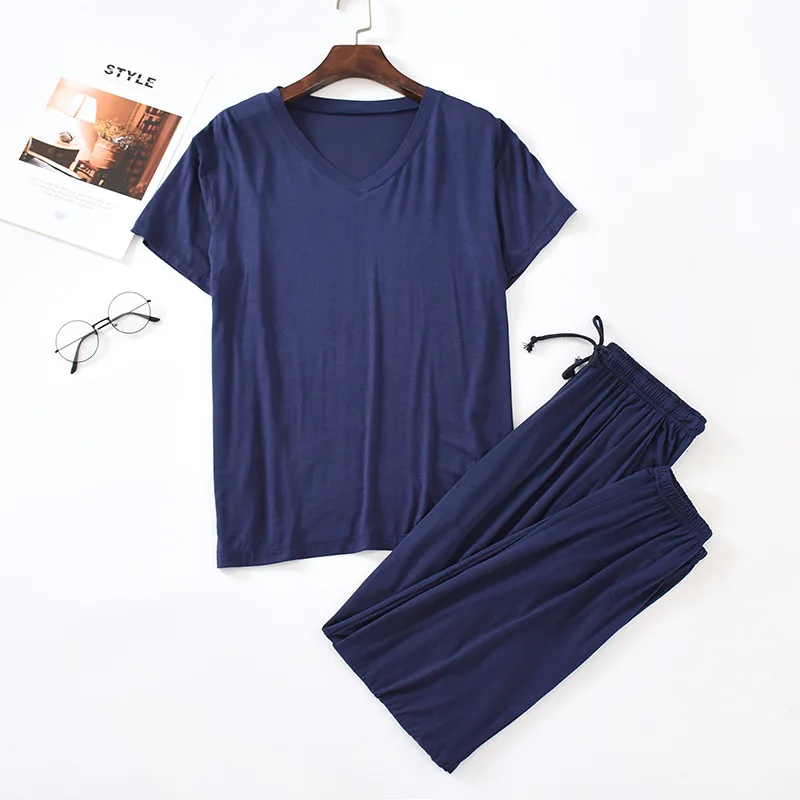 

Men Modal Nightgown Pajamas Suit Pyjamas Set Summer 2PCS Top&Pants Sleepwear Navy Blue Home Clothes Nightwear Intimate Lingerie