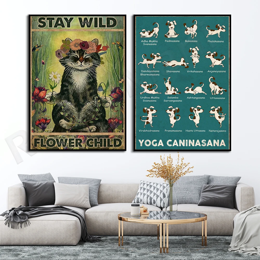 

Yoga posters-stay in the wild flower girl, yoga print posters, retro posters, wall decoration, home logos, cat yoga posters, yog