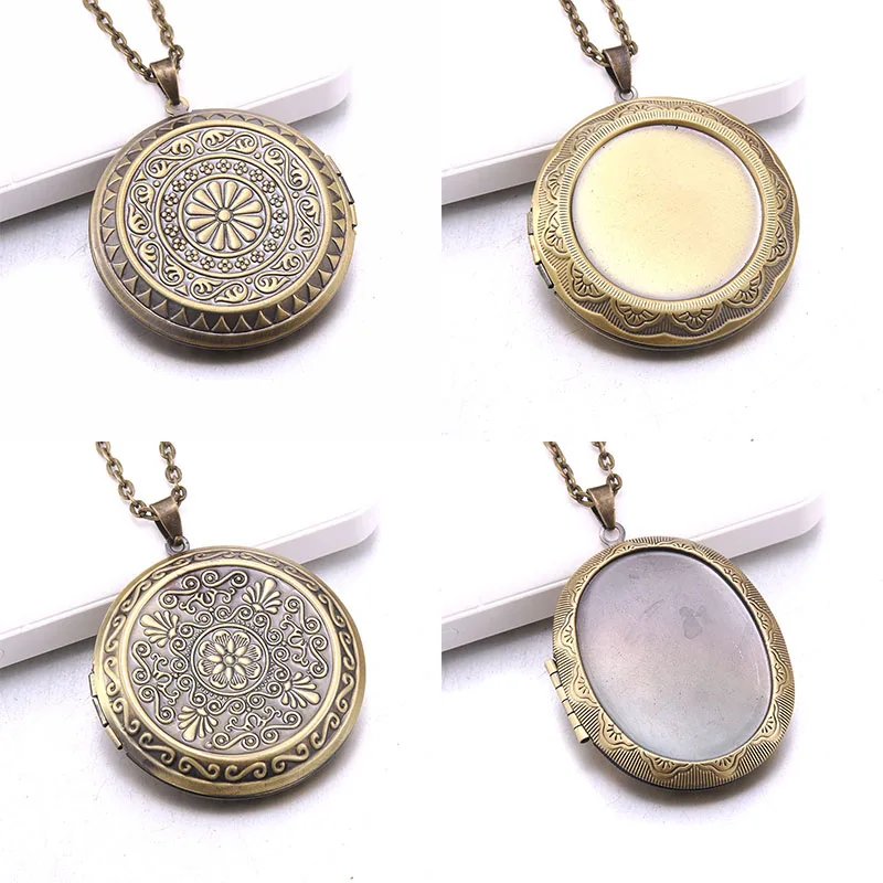 Memory Photo Pendant Jewelry Vintage copper Carved flower Photo Locket Necklace Fashion Women Romantic Accessories