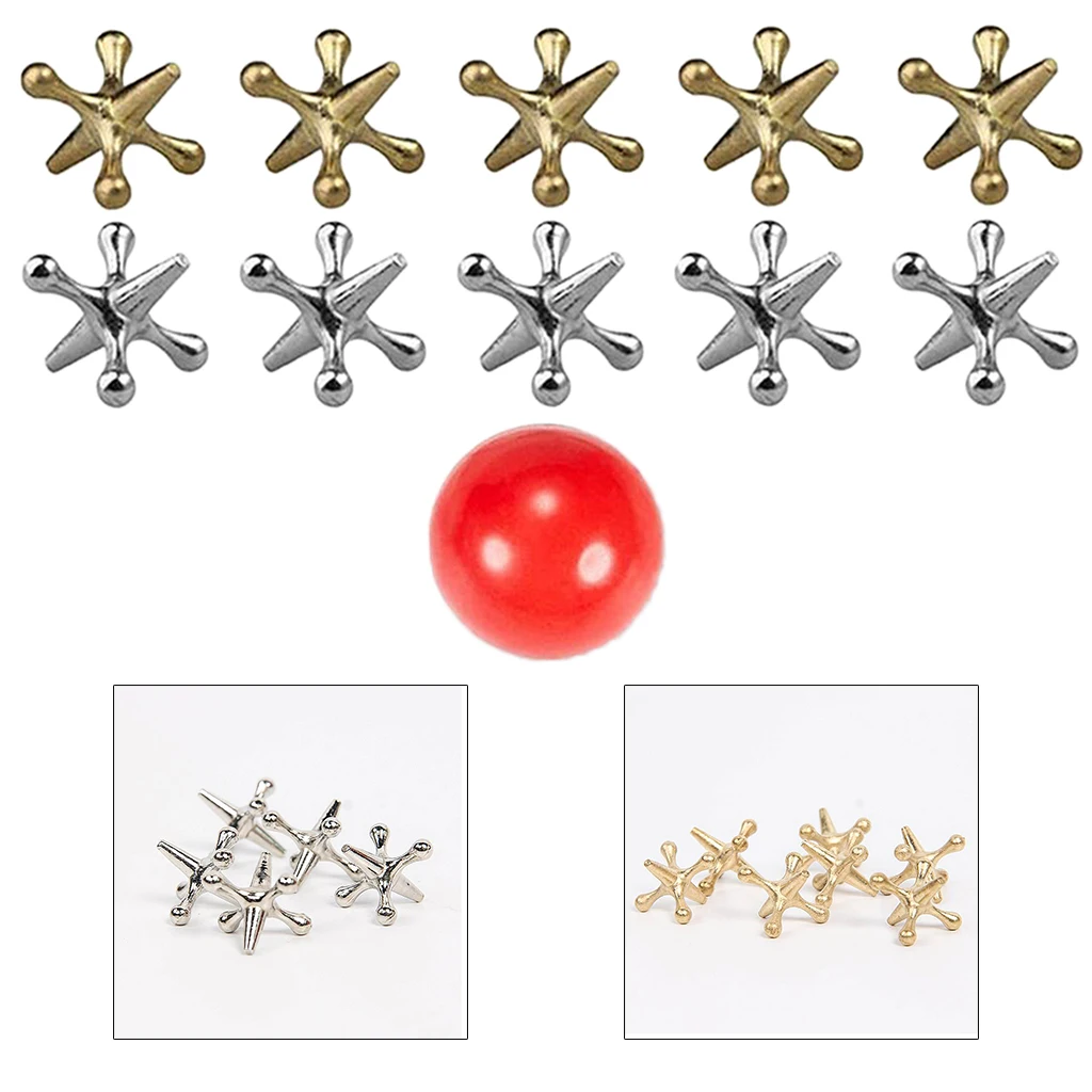 Jack Games- 10 Pcs Gold and Silver Metal Jacks 1 Red Rubber Bouncy Balls Classic Game of Jacks for Party Favor Kids and Adult